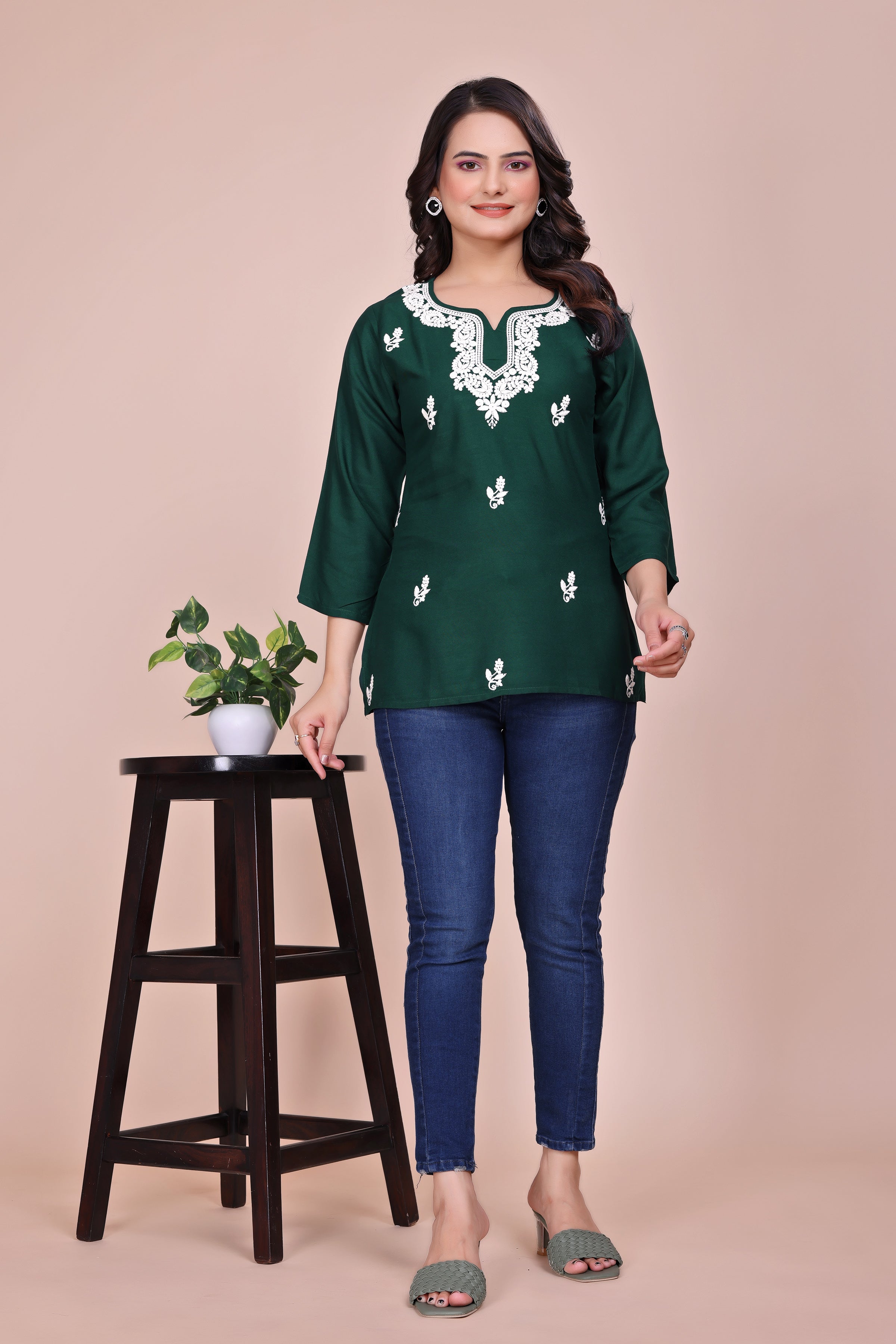 Bottle green Viscose Rayon Embroidered Tunic with 3/4 Sleeves